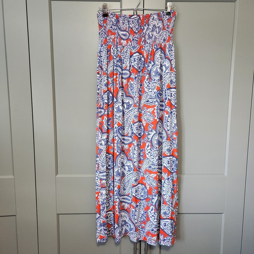 ARTISAN NY Red Blue Paisley Smocked Boho Maxi Skirt M Medium Stretch Soft